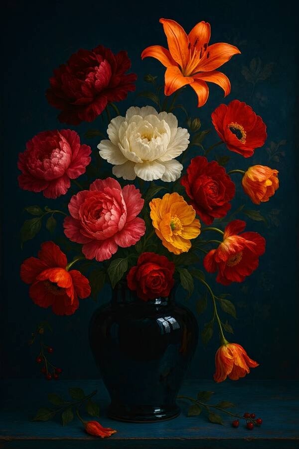 Schilderij bloemstilleven in donkere vaas – pioenrozen en lelie