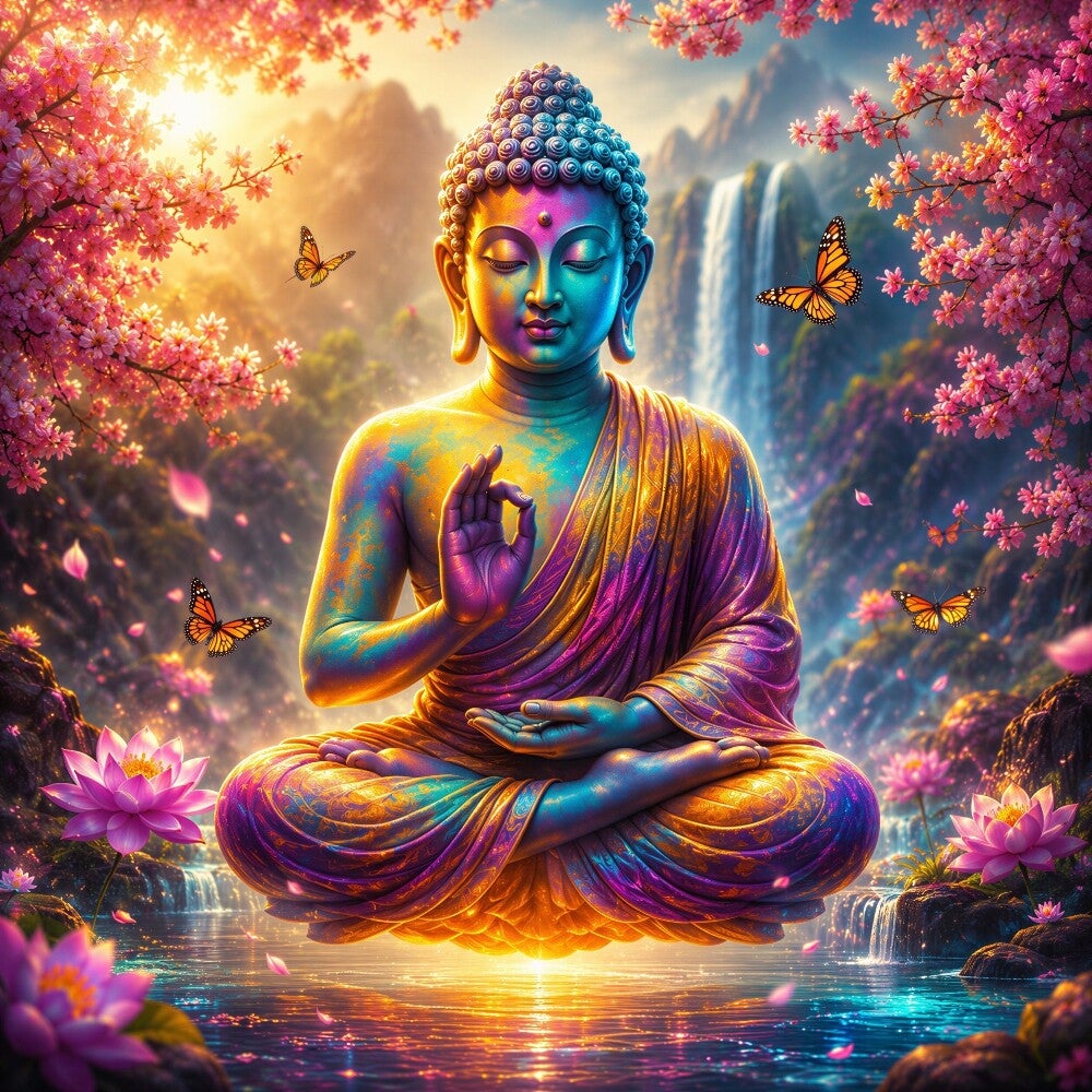 Zen Spectrum – Boeddha tussen bloesems in regenboogkleuren