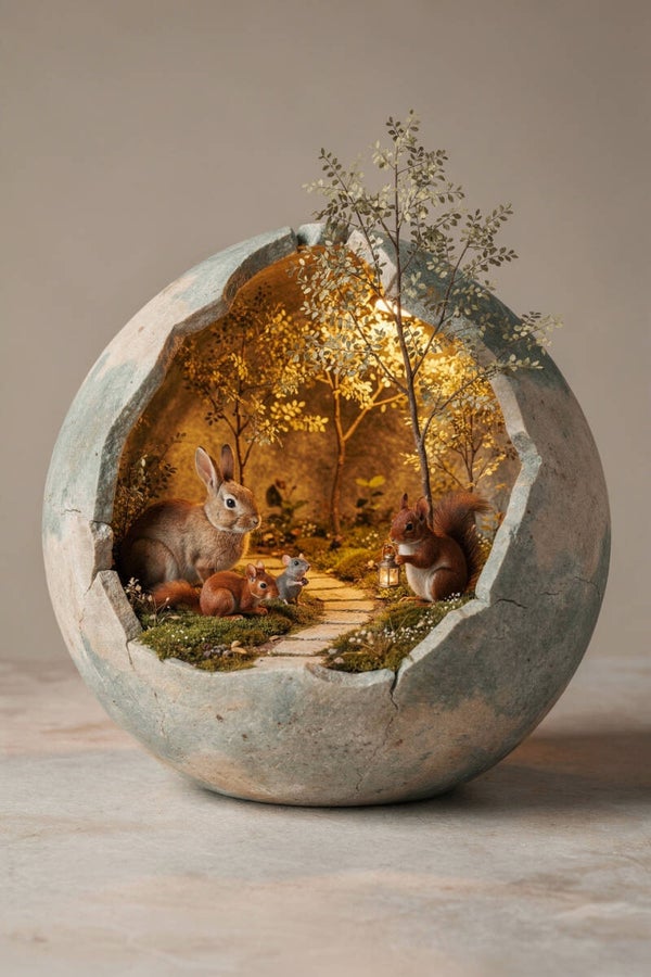 Het Licht dat Blijft – schilderij met konijn, eekhoorn, muis en bosdieren in verhalende setting