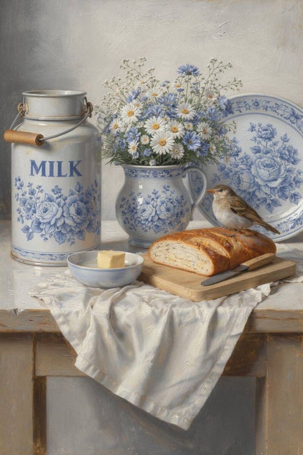 Ochtend op Delfts Blauw – schilderij brood, vogel en melkkan landelijk