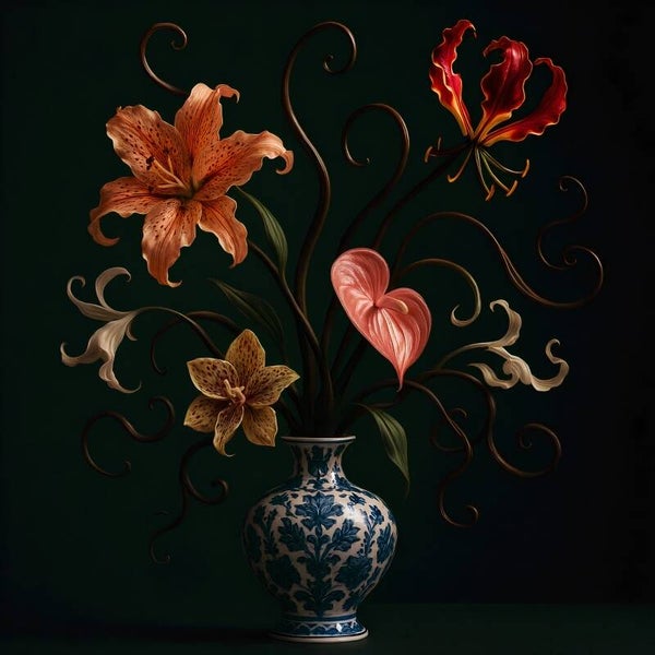 Moderne Delfts Blauw Vaas met Exotische Bloemen – schilderij met donkere achtergrond