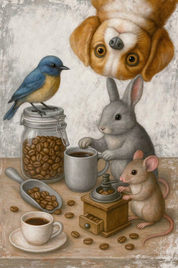 Ochtendritueel – schilderij koffiezetten met dieren