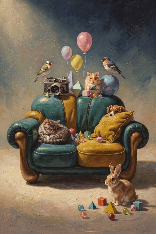 De Droombank – schilderij met dieren op kleurrijke fauteuil in fantasiewereld