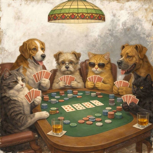 Pokeravond Vrienden – schilderij dieren aan tafel met kaarten en chips
