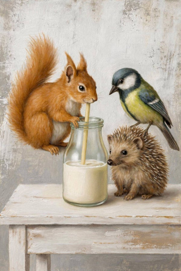 Melkgeheim – schilderij eekhoorn, egel en vogel aan tafel