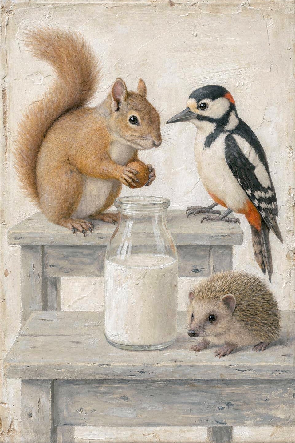 De Notenkrakers – dieren schilderij eekhoorn specht egel