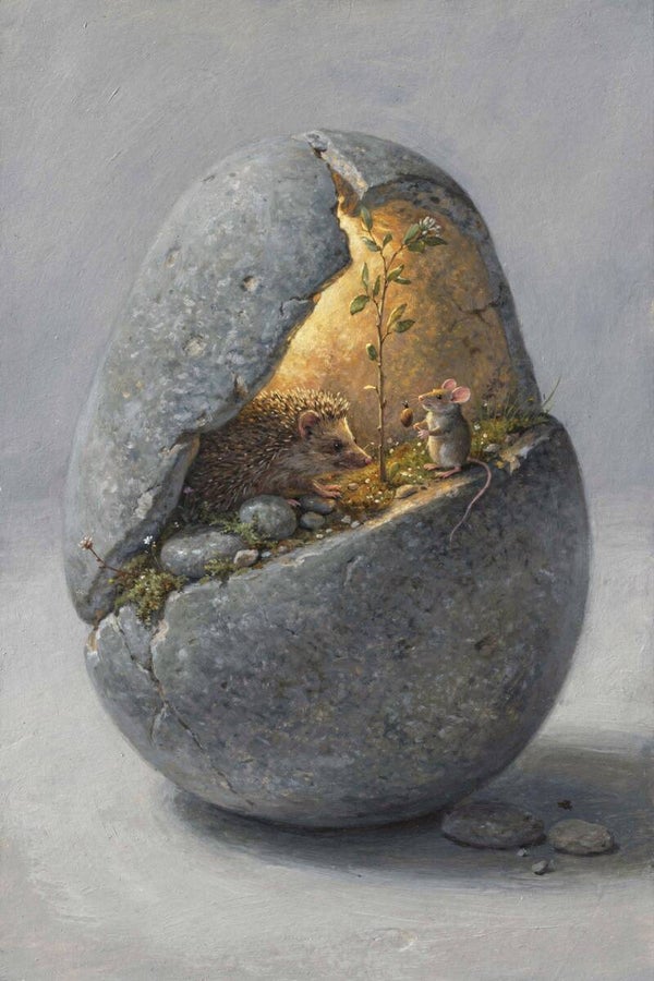 Stenen Nest – Schilderij met egel en muis in opengebroken steen