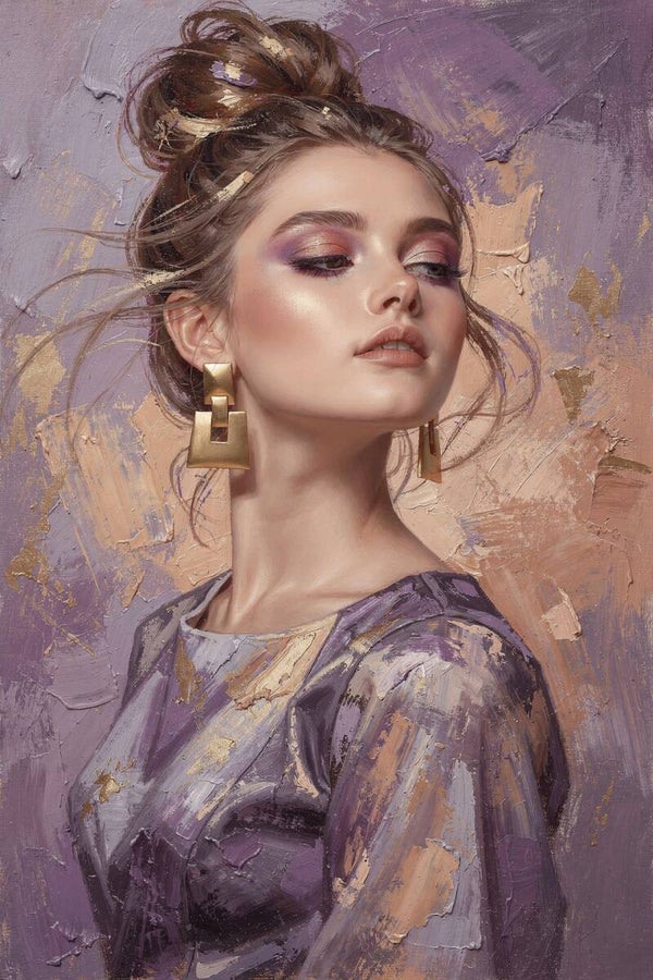 Fashion portret paars goud – schilderij tienerkamer stijlvol meisje