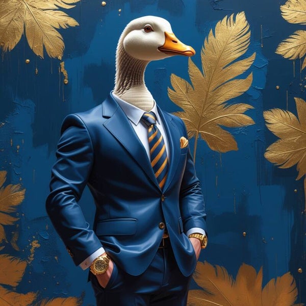 Majesteit in Blauw – schilderij gans in blauw pak met gouden accenten