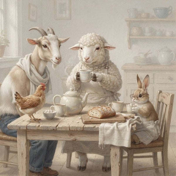 Waar de Tijd Even Wacht – schilderij met geit, schaap, haas en kip in landelijke stijl
