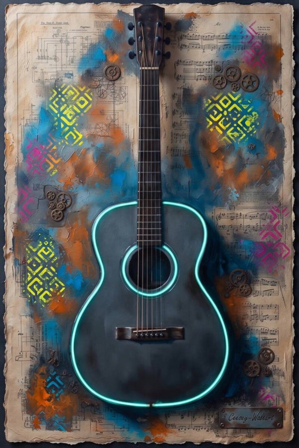 Neon Gitaar – modern schilderij muziek instrument met graffiti en bladmuziek