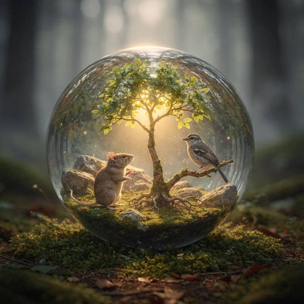 Wereld in het licht – schilderij met glazen bol, boom, muis en vogel