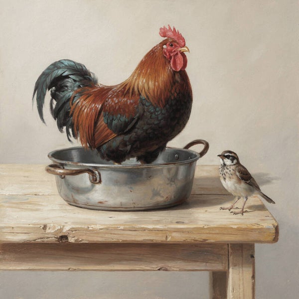 Badderende Haantjes – schilderij met haan en vogel in landelijke setting