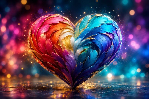 Rainbow Feather Heart – hart schilderij kleurrijk veren effect liefde modern wanddecoratie