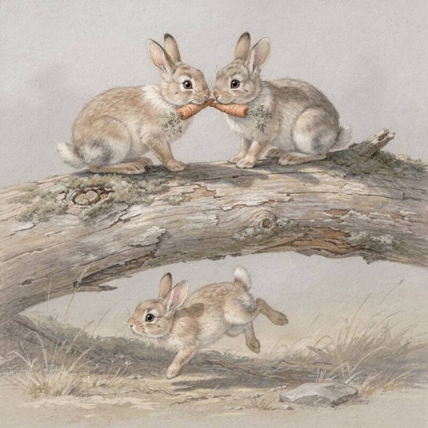 Wortelbelofte – schilderij met hazen op boomstam in landelijke stijl