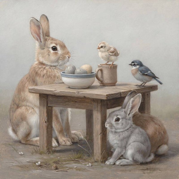 Tafel van Tedere Stilte – schilderij met hazen, kuiken en vogeltje