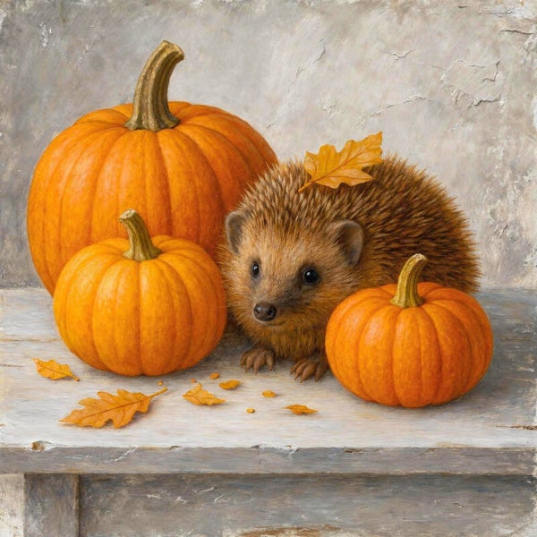 Egel met Pompoenen – warm herfststilleven