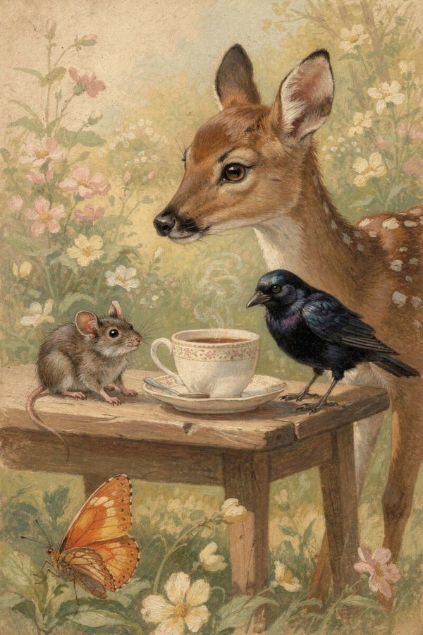 Theetijd in het Veld – Schilderij met hert, vogel en muis bij bloemen en thee
