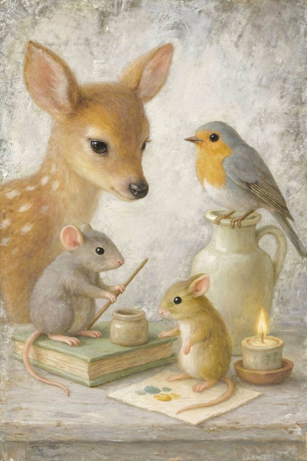 Stilte aan Tafel – schilderij hertje en dieren in landelijke stijl
