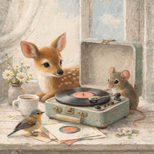 Melodie & Muis – schilderij hertje en muis met platenspeler