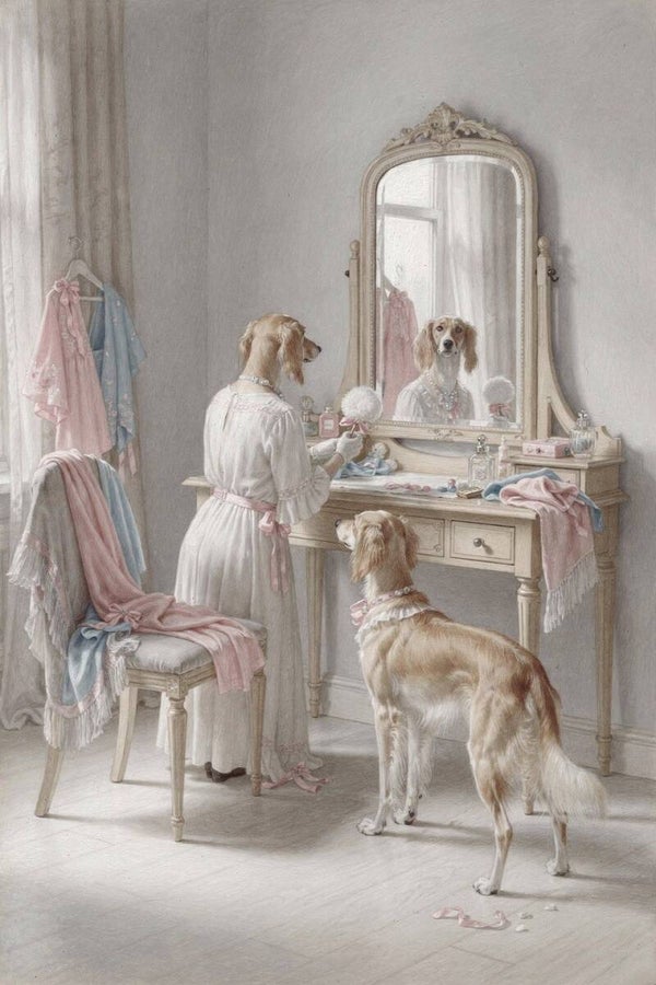 Voor de spiegel van Rosalie – schilderij met elegante hond in romantische poederkamerstijl