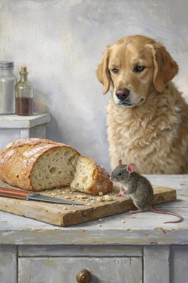Wachten op een Kruimel – schilderij hond met brood en muis