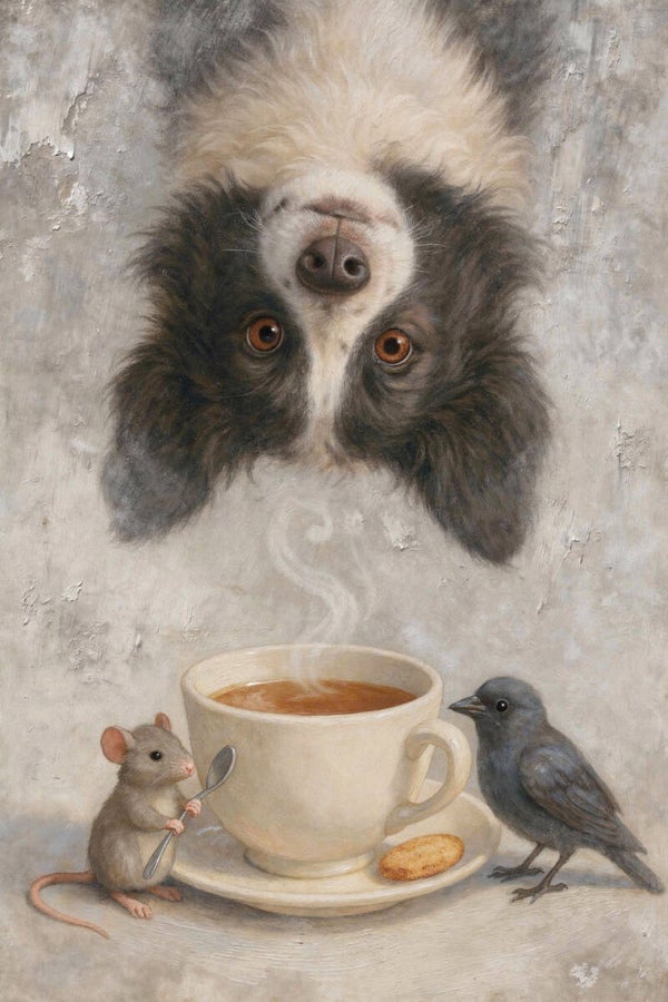 Ondersteboven Koffiepraat – schilderij hond, muis en vogel aan tafel