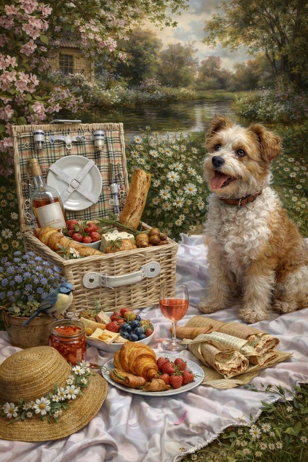 De Perfecte Picknick – schilderij hond picknick romantisch