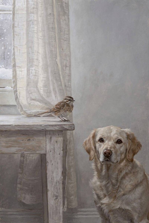 Zachte wachtkamer – hond met mus in landelijke woonstijl schilderij