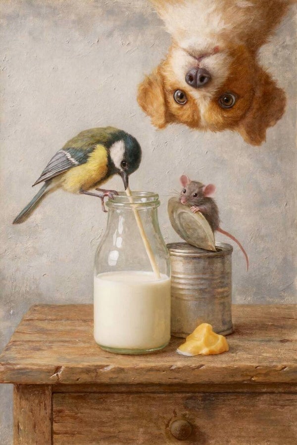 Ochtendgasten – Landelijk schilderij keuken wanddecoratie met vogel, muis en hond
