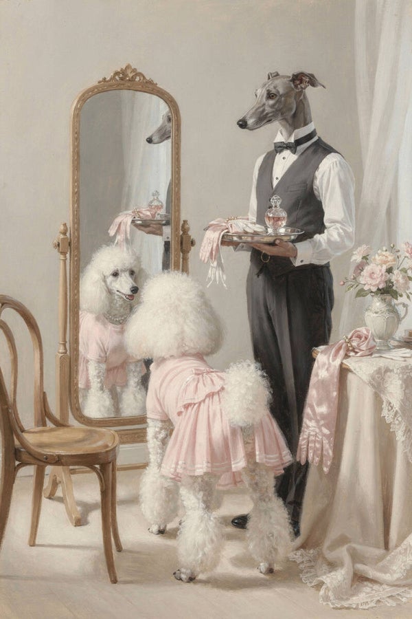 Voor de Spiegel – schilderij met honden in elegante kleedkamer