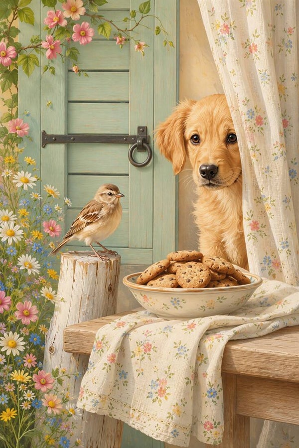 Achter het Gordijntje – landelijk schilderij puppy mus koekjes zachte pastel