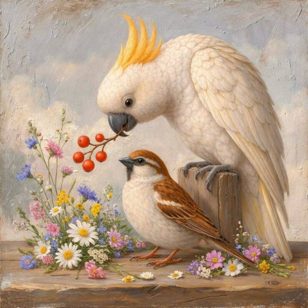 Zacht Samenzijn – schilderij kaketoe en mus met bloemen