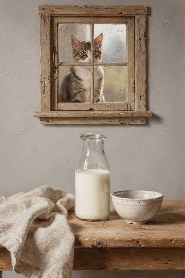 Raam vol aandacht – schilderij kat achter oud venster met landelijke sfeer