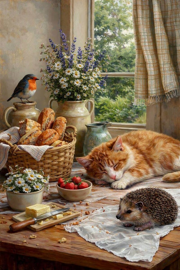 Zacht Begin van de Dag – schilderij kat egel brood tafel