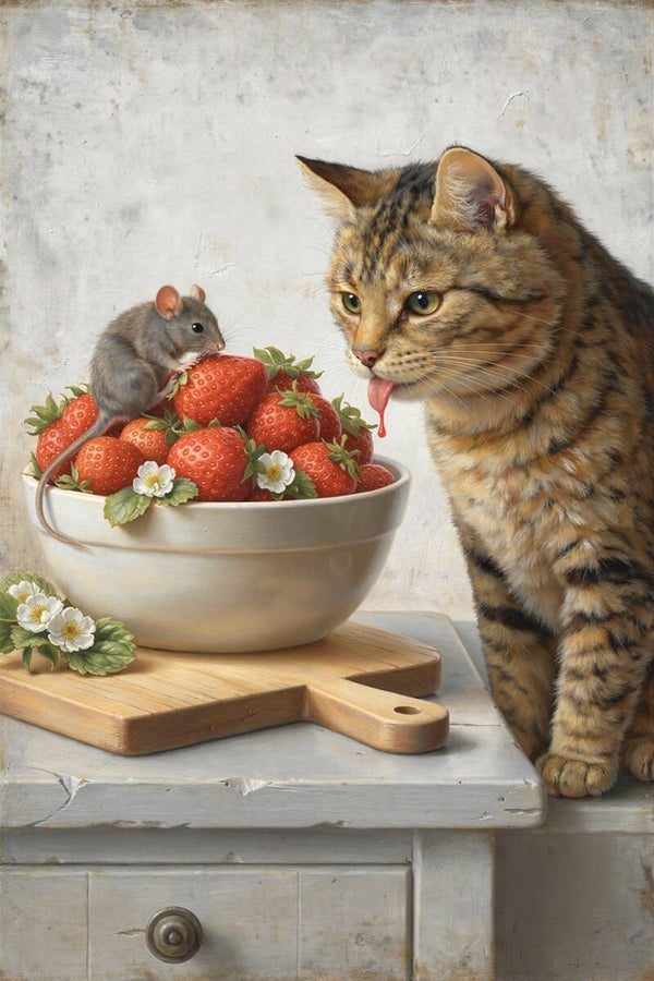 Zoete Verleiding op Tafel – schilderij kat, muis en aardbeien landelijk