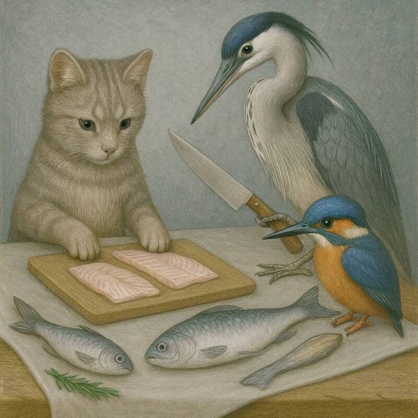 Stil Voorbereiden – schilderij met kat en vogels in landelijke sfeer