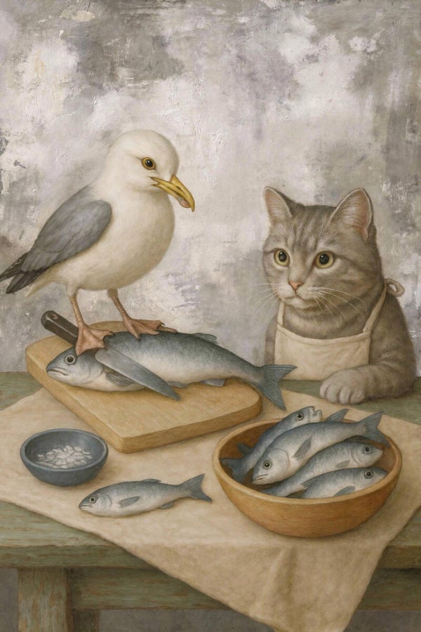 De visserskeuken – schilderij kat, hond en meeuw met verse vis