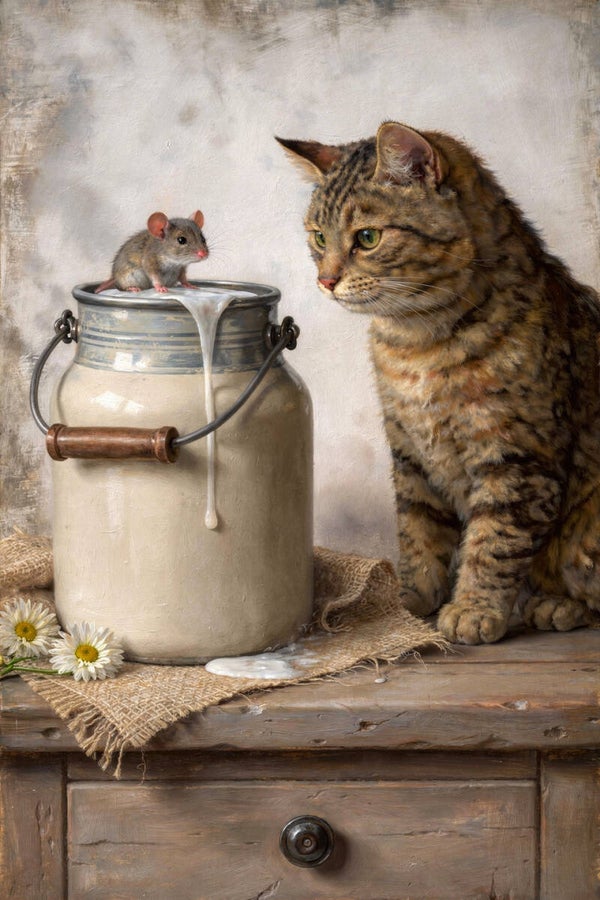 Langs de Rand van de Melkkan – schilderij kat en muis met melk landelijk