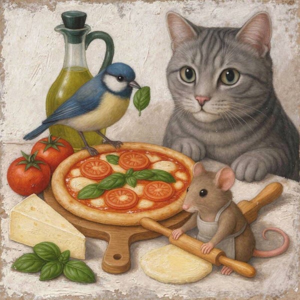 Keukentafel Verhalen – schilderij kat, muis en pizza in landelijke stijl