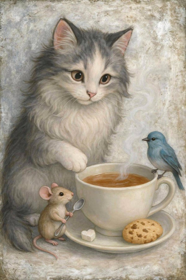 Stille Theepauze – schilderij kat, muis en vogel aan tafel