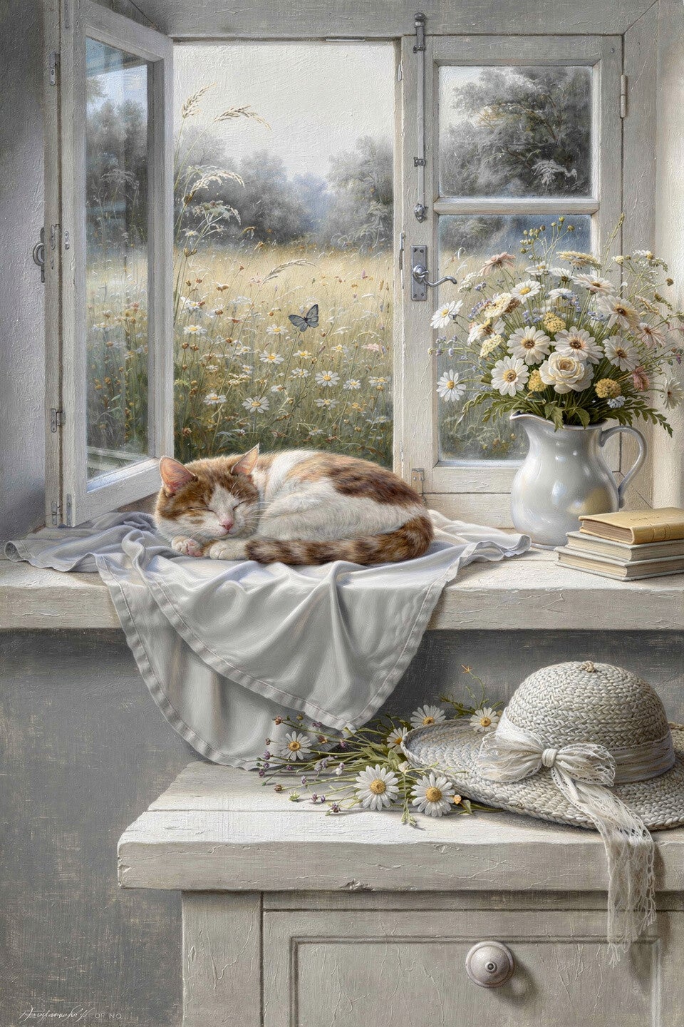 Dagdroom aan het Venster – schilderij slapende kat bloemen landelijk romantisch