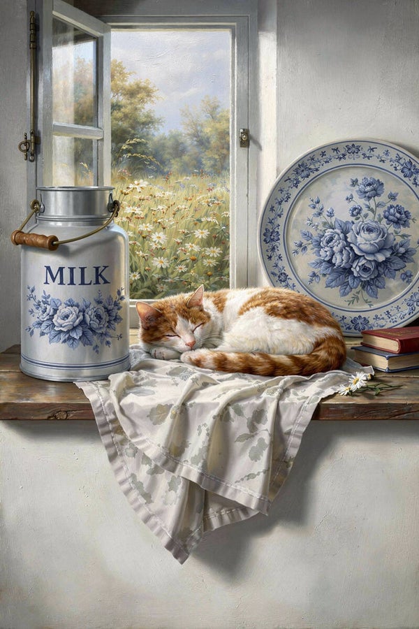 Blauw Wit en Stilte – schilderij kat met melkkan en Delfts blauw bord
