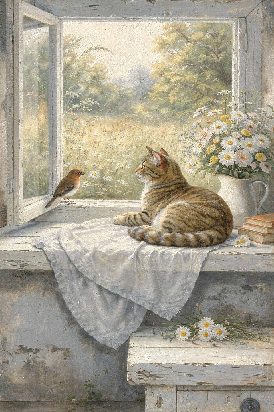 Raam vol Rust – schilderij kat bij raam met bloemen landelijk