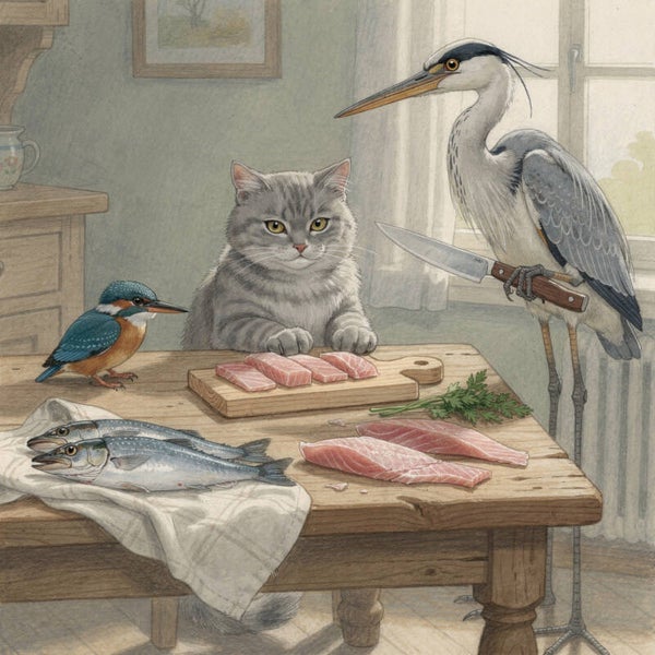 Tafelgenoten in Stilte – schilderij met kat, reiger en vogel aan tafel