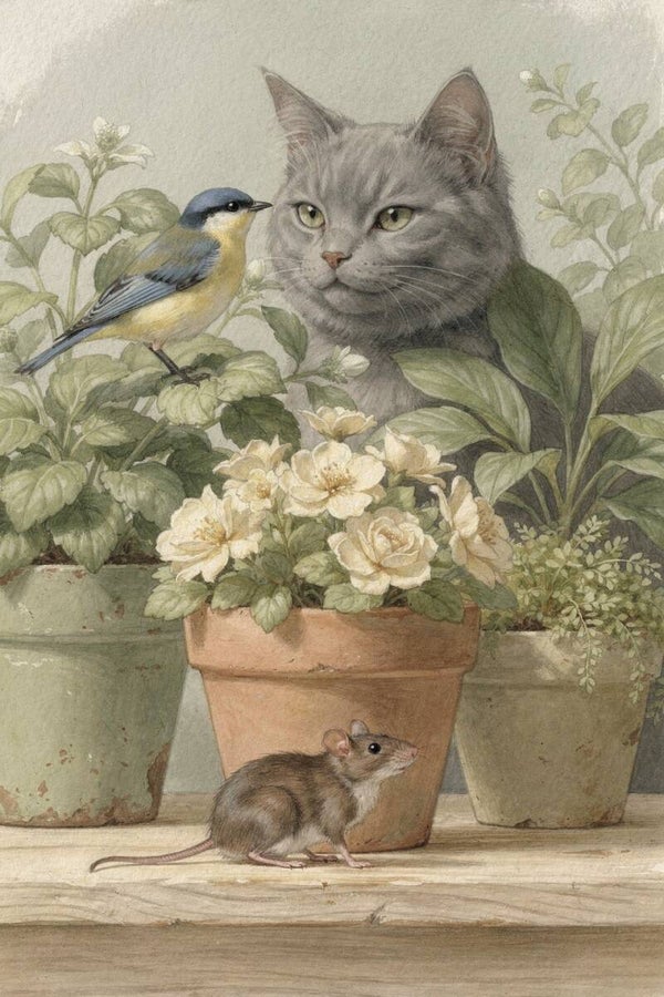 Tuinwachters – Schilderij met kat, vogel en muis tussen planten