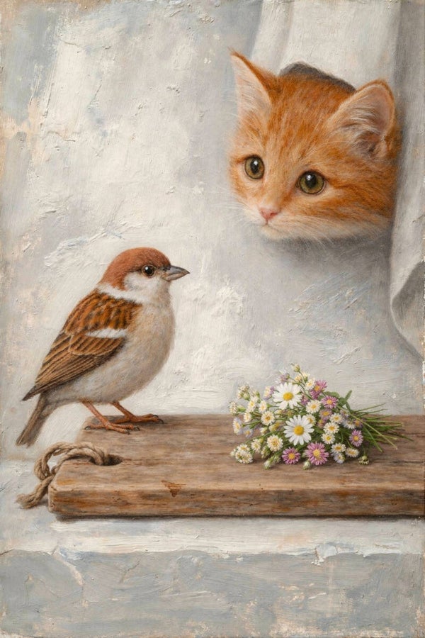 Voorzichtige Ontmoeting – schilderij kat en mus met veldbloemen