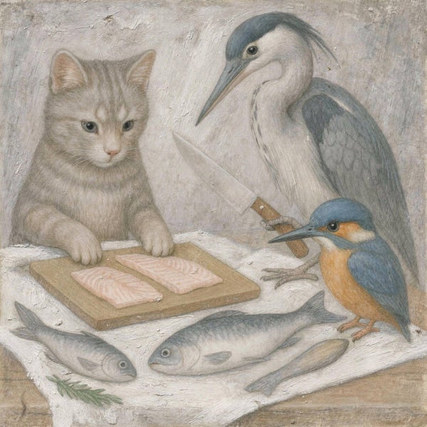 Stil Voorbereiden – schilderij met kat en vogels in landelijke sfeer
