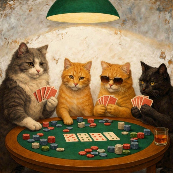 Pokerpoezen & Proost – schilderij katten aan kaarttafel met poker