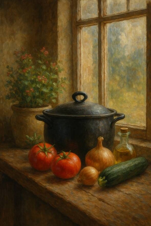 Schilderij keuken – stilleven met groenten en gietijzeren pan bij raamlicht